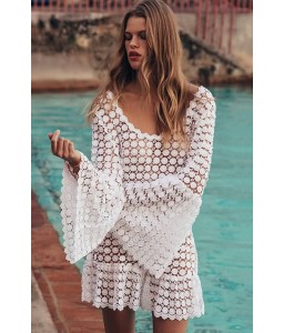 White Lace Flare Sleeve Backless Sexy Beach Dress Cover Up
