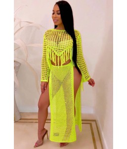 Yellow Fringe Hollow Out Slit Crop Top Skirt Sexy Cover Up