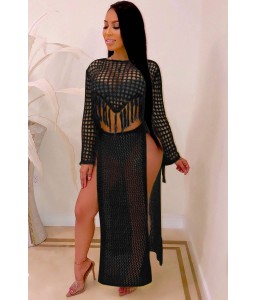Black Fringe Hollow Out Slit Crop Top Skirt Sexy Cover Up