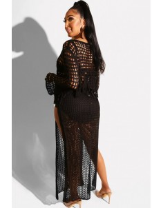 Black Fringe Hollow Out Slit Crop Top Skirt Sexy Cover Up