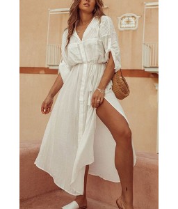 White Button Up Slit Side Tassel Tied Casual Dress Cover Up
