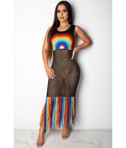 Black Rainbow Hollow Out Fringe Casual Beach Dress Cover Up