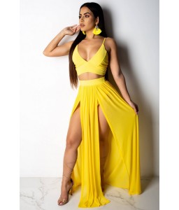 Yellow Spaghetti Straps Slit Crop Top Skirt Sexy Cover Up