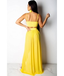 Yellow Spaghetti Straps Slit Crop Top Skirt Sexy Cover Up