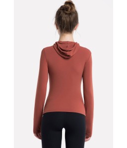 Red Hooded Long Sleeve Yoga Sports T Shirt