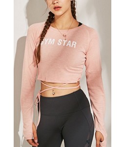 Pink Slogan Tied Thumb Hole Long Sleeve Workout Sports Crop Top