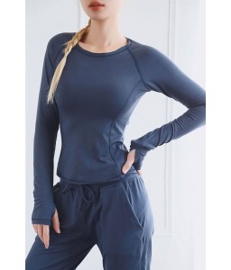 Dark-blue Round Neck Long Sleeve Yoga Sports T Shirt