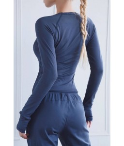 Dark-blue Round Neck Long Sleeve Yoga Sports T Shirt