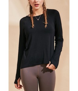Black Lace Up Back Long Sleeve Round Neck Workout Sports Tee