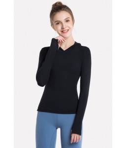 Black Hooded Long Sleeve Yoga Sports T Shirt