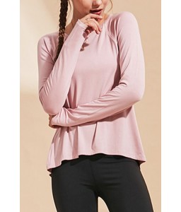 Pink Lace Up Back Long Sleeve Round Neck Workout Sports Tee
