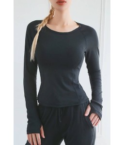 Black Round Neck Long Sleeve Yoga Sports T Shirt