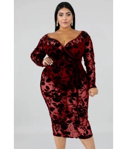 Dark-red Sheer V Neck Sexy Bodycon Plus Size Lace Dress