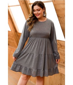 Gray Round Neck Long Sleeve Casual Plus Size Dress