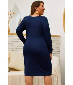 Dark-blue Long Sleeve Casual Bodycon Plus Size Sweater Dress