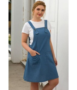 Blue Pocket Casual Plus Size Denim Pinafore Dress