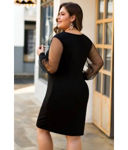 Black Mesh Splicing V Neck Sexy Bodycon Plus Size Dress