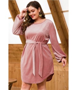 Pink Velvet Tied Long Sleeve Casual Plus Size Dress