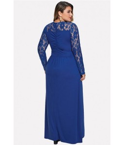 Blue Lace Splicing V Neck Long Sleeve Casual Plus Size Dress