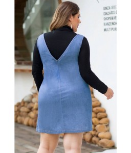 Blue Zipper Up Pocket V Neck Casual Plus Size Denim Dress