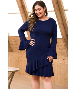 Dark-blue Ruffles Flounce Sleeve Sexy Bodycon Plus Size Dress