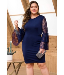 Dark-blue Lace Splicing Layered Sleeve Sexy Plus Size Dress