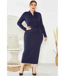 Dark-blue Stand Collar Tied Waist Casual Midi Plus Size Sweater Dress