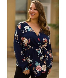 Dark-blue Floral Print Tied Long Sleeve Casual Plus Size Blouse