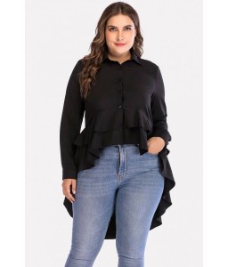 Black Ruffles Button Up Long Sleeve Casual Plus Size Blouse
