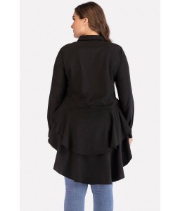 Black Ruffles Button Up Long Sleeve Casual Plus Size Blouse