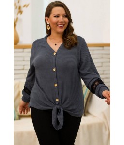 Dark-gray Lace Splicing Button Up Knotted Casual Plus Size T Shirt