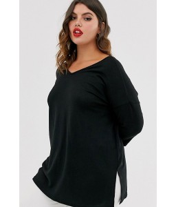 Black V Neck Slit 3/4 Sleeve Casual Plus Size T Shirt