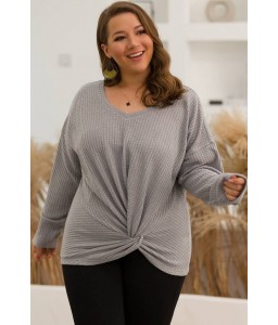Gray Twisted Long Sleeve Casual Plus Size T Shirt