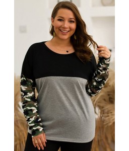 Gray Camouflage Splicing Casual Plus Size T Shirt