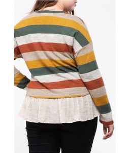 Yellow Stripe Splicing Long Sleeve Casual Plus Size T Shirt
