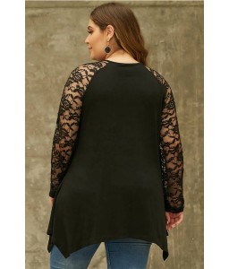 Black Lace Splicing Long Sleeve Casual Plus Size T Shirt