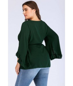 Green Tied Round Neck Flare Sleeve Casual Plus Size Blouse