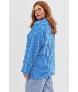 Blue Ribbed Crew Neck Long Sleeve Casual Plus Size Pullover Sweater
