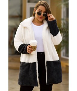 Black-white Faux Fur Two Tone Casual Plus Size Cardigan Coat