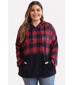 Red Plaid Pocket Long Sleeve Casual Plus Size Hoodie