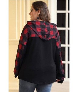 Red Plaid Pocket Long Sleeve Casual Plus Size Hoodie