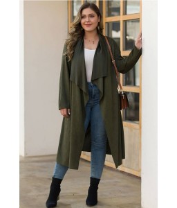 Army-green Tied Long Sleeve Casual Plus Size Trench Coat