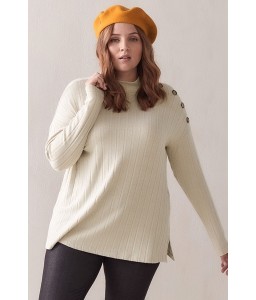 Beige Button Decor Mock Neck Long Sleeve Casual Plus Size Pullover Sweater