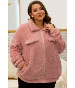 Pink Faux Fur Zipper Up Pocket Casual Plus Size Coat