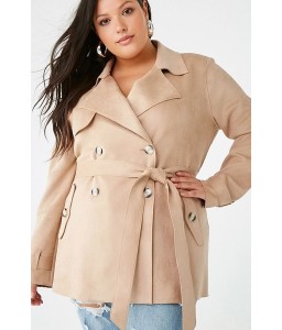 Khaki Suede Tied Double Breasted Long Sleeve Casual Plus Size Trench Coat