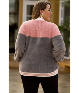 Gray Faux Fur Two Tone Zipper Up Casual Plus Size Sweatshirt
