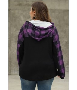 Purple Plaid Pocket Long Sleeve Casual Plus Size Hoodie