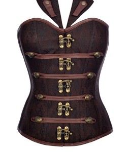 Brown Satin Leather Steampunk Corset with collar