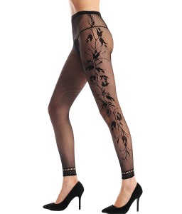 Black Fishnet Floral Opaque Footless Tights Pantyhose