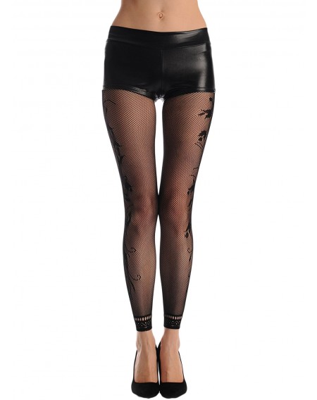 Black Fishnet Floral Opaque Footless Tights Pantyhose
